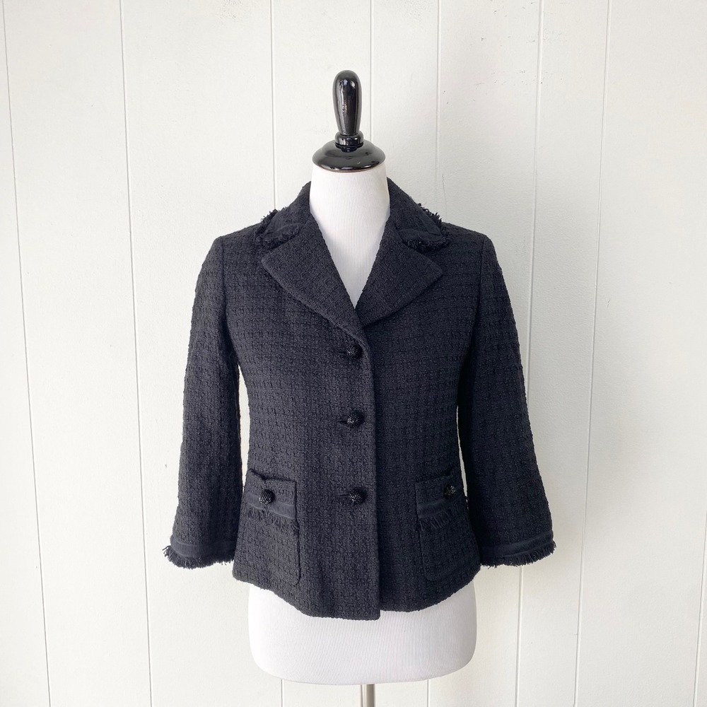 Talbots Petites Black Tweed Fringe Trim Blazer Jacket Small 4P